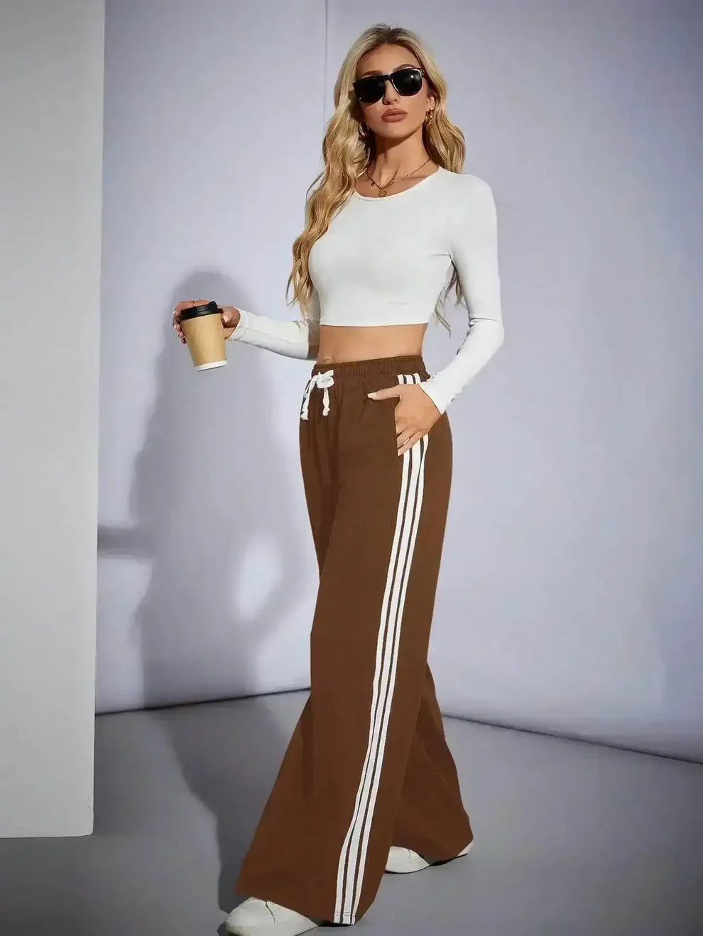 Brown Side Stripe Wide-Leg Trouser.(Perfect For All Season)